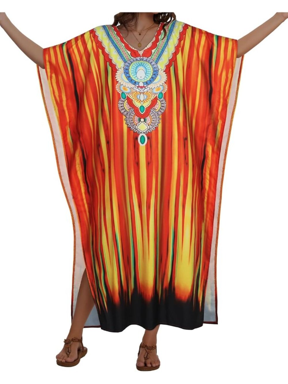 Women's Red Black Plus Size V Neck Caftan Long Batwing Sleeve Swimsuit Cover Up